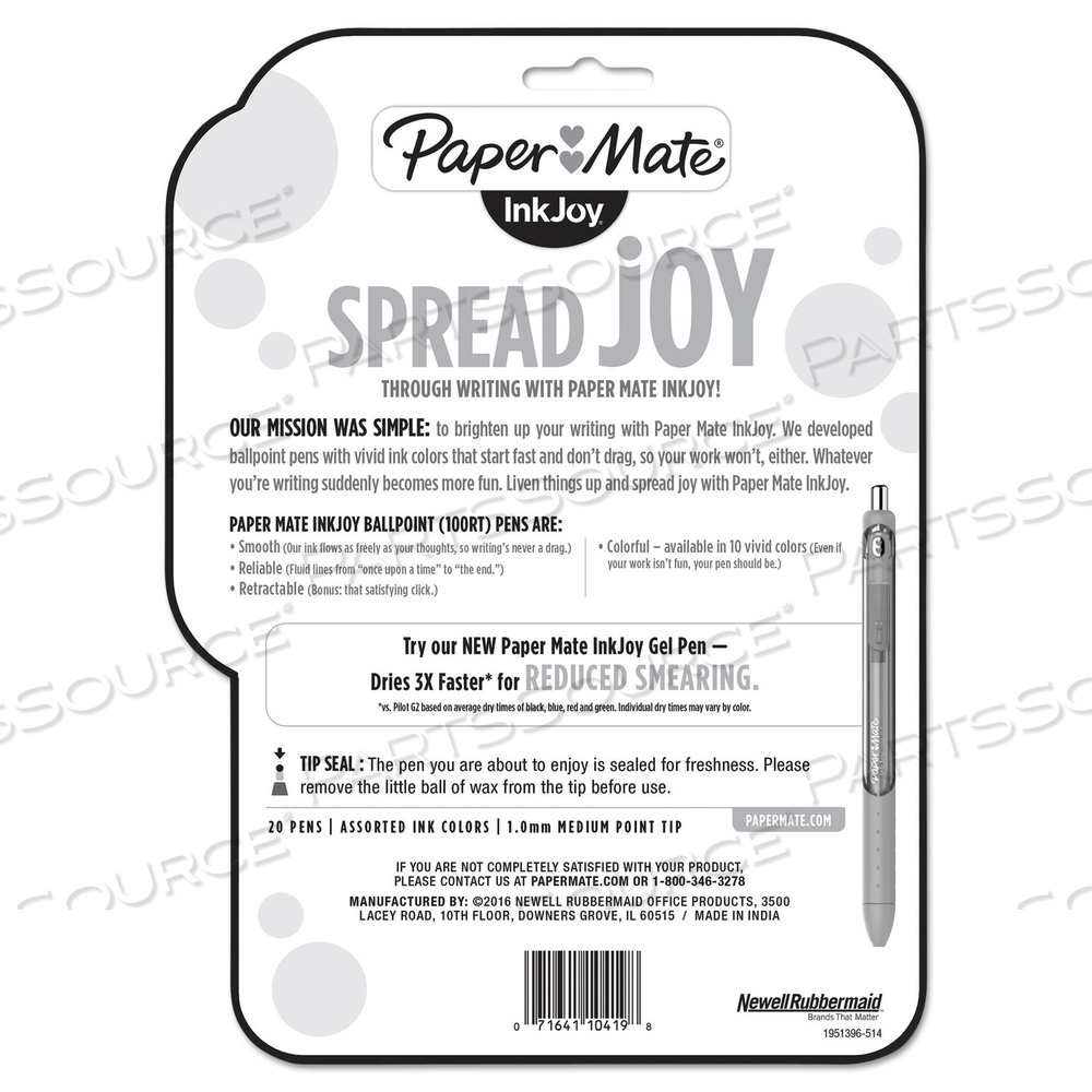 INKJOY 100 RT BALLPOINT PEN, RETRACTABLE, MEDIUM 1 MM, ASSORTED INK AND BARREL COLORS, 20/PACK by Paper Mate INKJOY 100 RT BALLPOINT PEN, RETRACTABLE, MEDIUM 1 MM, ASSORTED INK AND BARREL COLORS, 20/PACK by Paper Mate