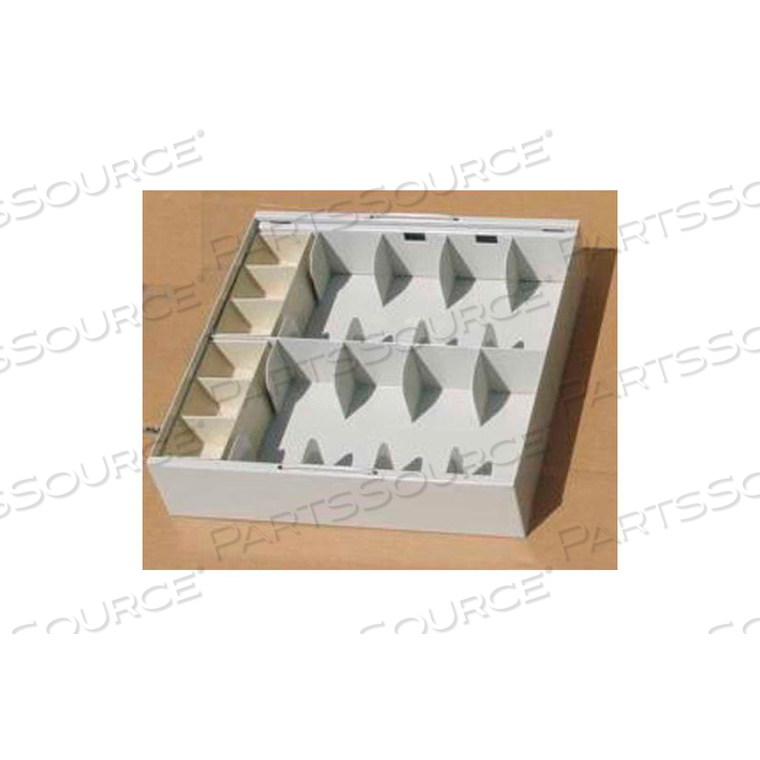 STEEL CASH TRAY P-11 - 8 CURRENCY COMPARTMENTS AND 6 COIN COMPARTMENTS 15"W X 15"D X 3-5/16"H by Fenco STEEL CASH TRAY P-11 - 8 CURRENCY COMPARTMENTS AND 6 COIN COMPARTMENTS 15"W X 15"D X 3-5/16"H by Fenco