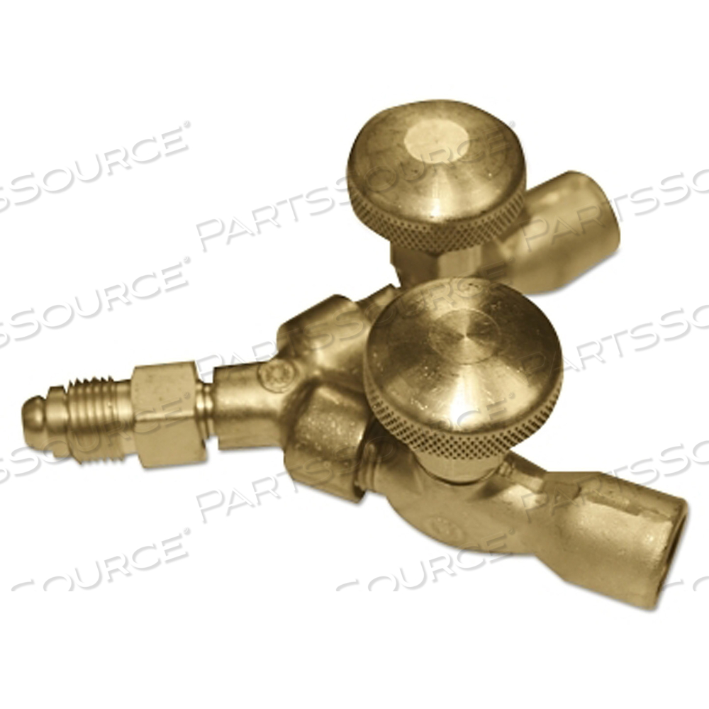 VALVED Y CONNECTION, 200 PSIG, BRASS, 5/8 IN-18 (M) INLET TO 5/8 IN-18 (F) OUTLET, CGA-032, INERT GAS, RH by Western Enterprises