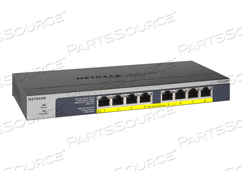 GS108PP, SWITCH, 8 X 10/100/1000 (POE+), DESKTOP, RACK-MOUNTABLE, WALL-MOUNTABLE, POE+ (123 W), 54 V (POE+) by Netgear