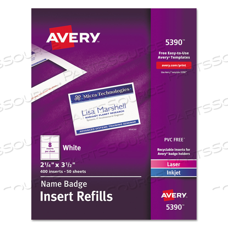 NAME BADGE INSERT REFILLS, HORIZONTAL/VERTICAL, 2 1/4 X 3 1/2, WHITE by Avery