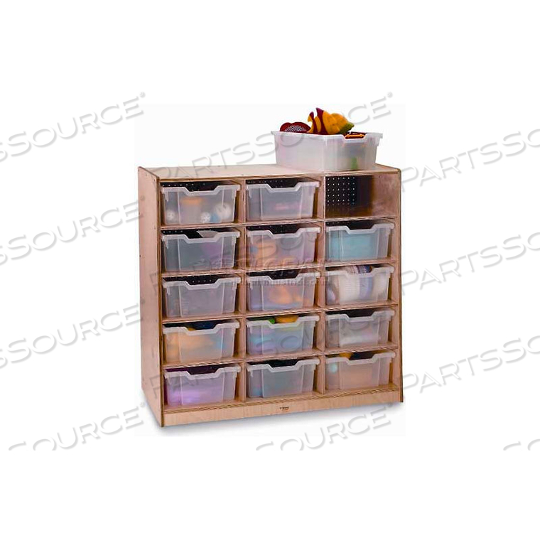 PRESCHOOL CUBBY STORAGE UNIT WITH 15 CLEAR TRAYS, 40-1/2"W X 17-1/2"D X 39"H, NATURAL 