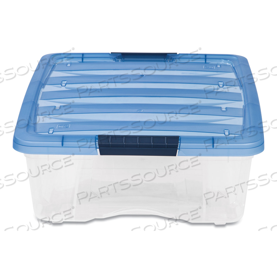 STACK AND PULL LATCHING FLAT LID STORAGE BOX, 6.73 GAL, 16.5" X 22" X 6.5", CLEAR/TRANSLUCENT BLUE by Iris USA, Inc STACK AND PULL LATCHING FLAT LID STORAGE BOX, 6.73 GAL, 16.5" X 22" X 6.5", CLEAR/TRANSLUCENT BLUE by Iris USA, Inc