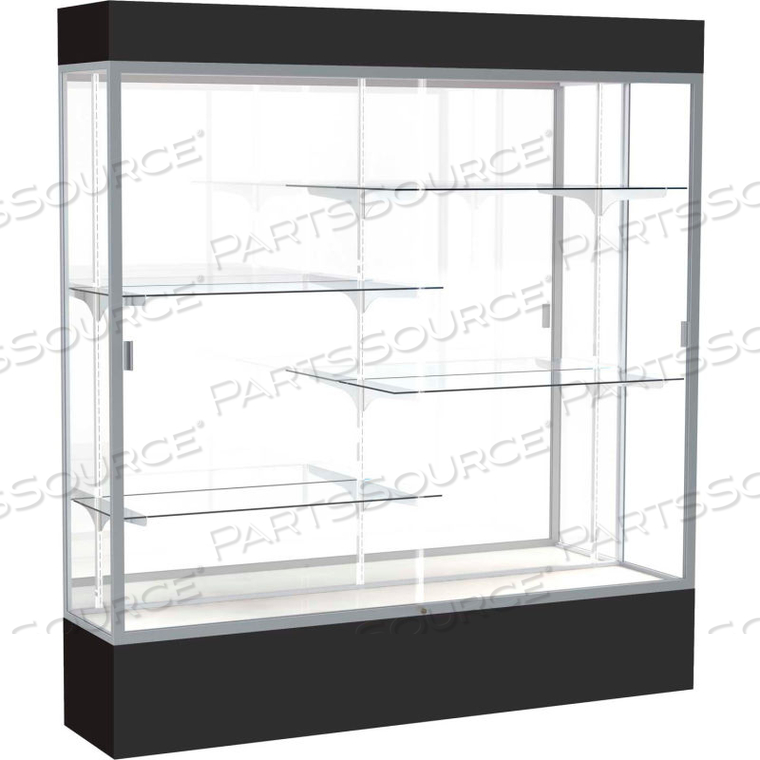 SPIRIT LIGHTED DISPLAY CASE 72"W X 80"H X 16"D MIRROR BACK SATIN FINISH BLACK BASE & TOP by Waddell Display SPIRIT LIGHTED DISPLAY CASE 72"W X 80"H X 16"D MIRROR BACK SATIN FINISH BLACK BASE & TOP by Waddell Display