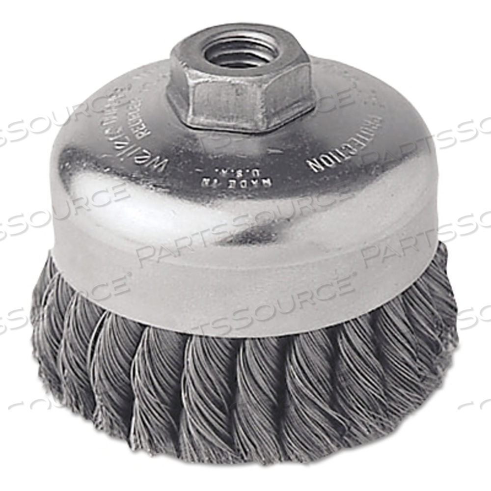 SINGLE ROW HEAVY-DUTY KNOT WIRE CUP BRUSH, 4 IN DIA, 5/8-11 UNC, 0.014 STEEL WIRE by Weiler