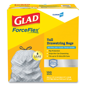 FORCEFLEX TALL KITCHEN DRAWSTRING TRASH BAGS, 13 GAL, 0.72 MIL, 23.75" X 24.88", GRAY, 100/BOX by Glad FORCEFLEX TALL KITCHEN DRAWSTRING TRASH BAGS, 13 GAL, 0.72 MIL, 23.75" X 24.88", GRAY, 100/BOX by Glad