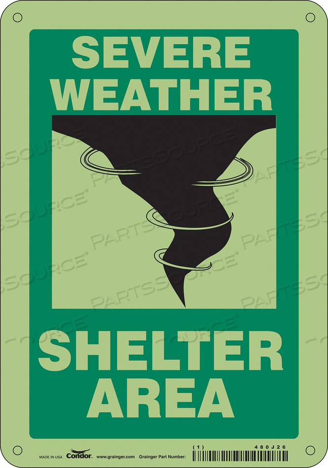 SAFETY SIGN, HORIZONTAL RECTANGLE, NUMBER OF PRINTED SIDES 1, ENGLISH, SIGN LEGEND SEVERE WEATHER SHELTER AREA, SIGN LEGEND BACKGROUND COLOR by Condor