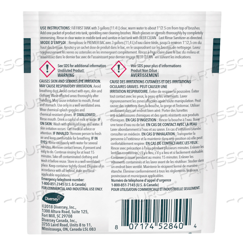 BEER CLEAN GLASS CLEANER, POWDER, 0.5 OZ PACKET by Diversey