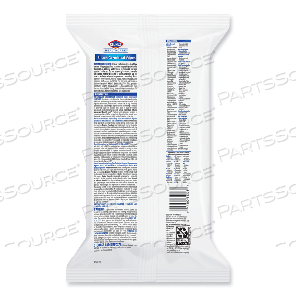 BLEACH GERMICIDAL WIPES, 6.75 X 9, UNSCENTED, 100 WIPES/FLAT PACK/CARTON by Clorox