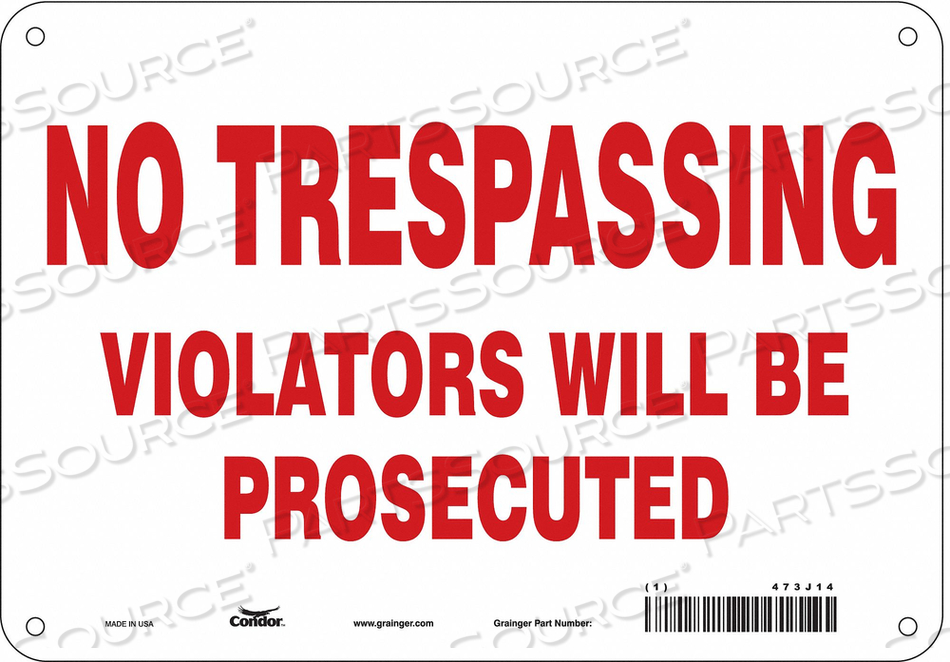 SAFETY SIGN, VERTICAL RECTANGLE, NUMBER OF PRINTED SIDES 1, ENGLISH, SIGN FORMAT OTHER FORMAT, SIGN LEGEND NO TRESPASSING VIOLATORS WILL BE  by Condor