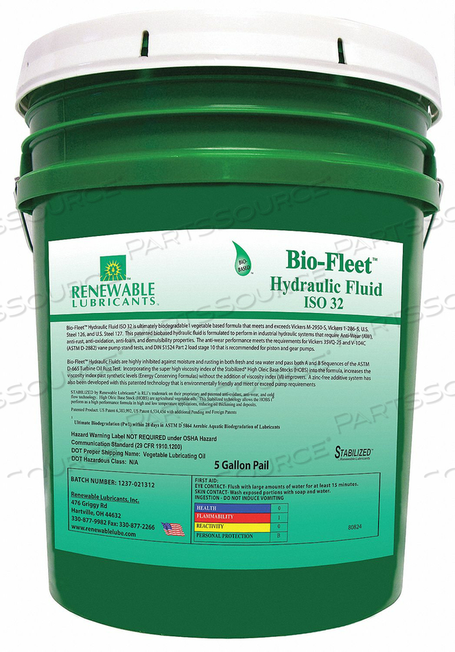 BIODEGRADABLE HYDRAULIC OIL 5 GAL ISO 32 by Renewable Lubricants BIODEGRADABLE HYDRAULIC OIL 5 GAL ISO 32 by Renewable Lubricants