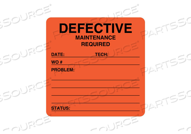 EQUIPMENT REPAIR AND MAINTENANCE LABEL, DEFECTIVE, FLUORESCENT PAPER, FLUORESCENT RED, 2-1/2 IN X 2-1/2 IN, REMOVABLE ADHESIVE by United Ad Label