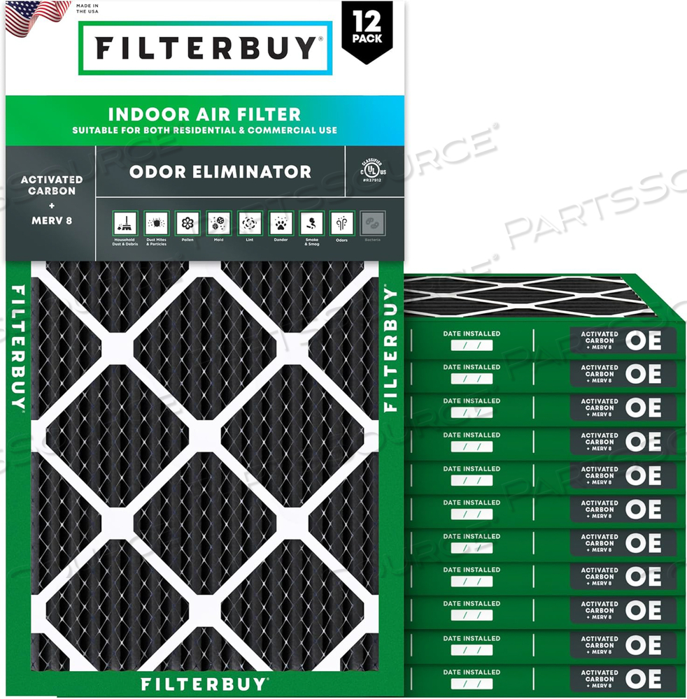 FILTERBUY 16X24X1 AIR FILTER MERV 8 ODOR ELIMINATOR (12-PACK), PLEATED HVAC AC FURNACE AIR FILTERS REPLACEMENT WITH ACTIVATED CARBON (ACTUAL SIZE: 15.50 X 23.50 X 0.75 INCHES) 