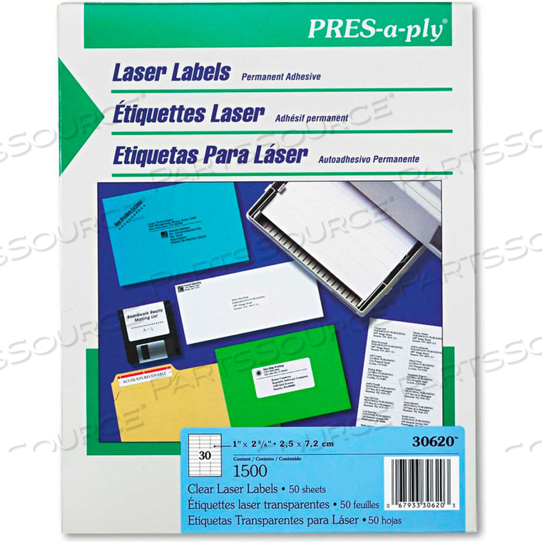 PRES-A-PLY LASER ADDRESS LABELS, 1 X 2-5/6, CLEAR, 1500/BOX 