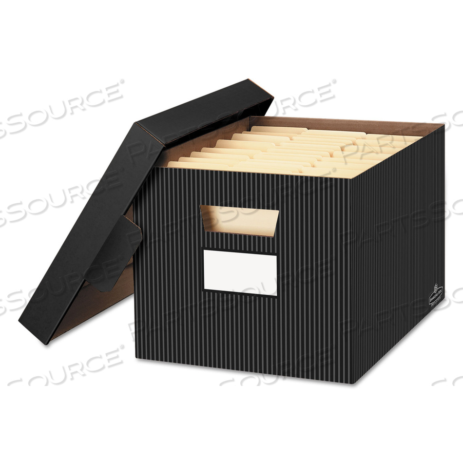 STOR/FILE DECORATIVE MEDIUM-DUTY STORAGE BOX, LETTER/LEGAL FILES, 12.5" X 16.25" X 10.25", BLACK/GRAY PINSTRIPE DESIGN by Bankers Box