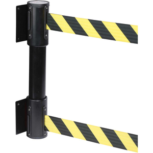 WALLPRO TWIN BLACK POST RETRACTING BELT BARRIER, 7.5 FT. YELLOW CLEAN IN PROGRESS BELT by Queue Solutions LLC