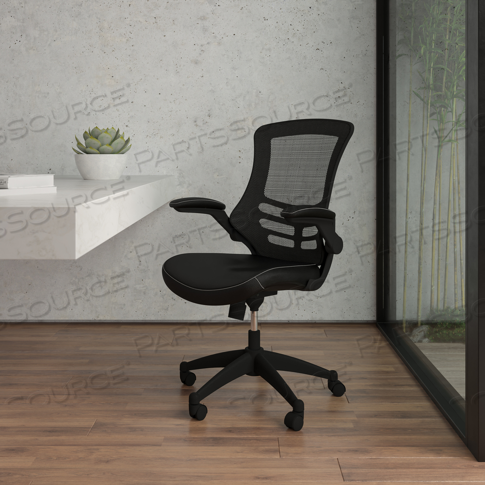 KELISTA DESK CHAIR WITH WHEELS | SWIVEL CHAIR WITH MID-BACK BLACK MESH AND LEATHERSOFT SEAT FOR HOME OFFICE AND DESK by Flash Furniture