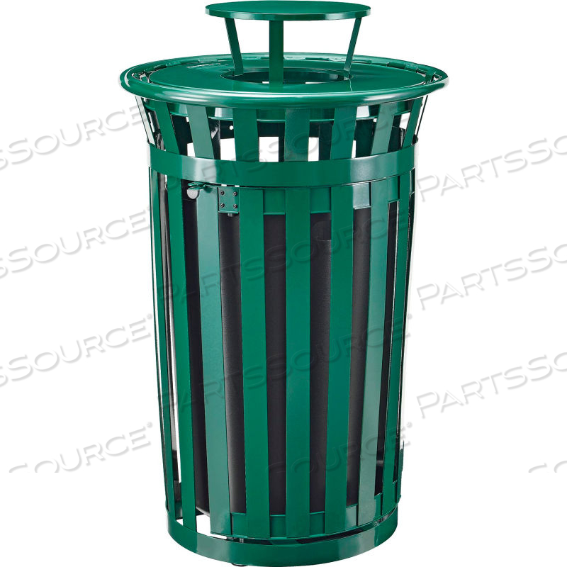 OUTDOOR METAL SLATTED WASTE RECEPTACLE W/ACCESS DOOR, RAIN BONNET 36 GAL GN by Approved Vendor
