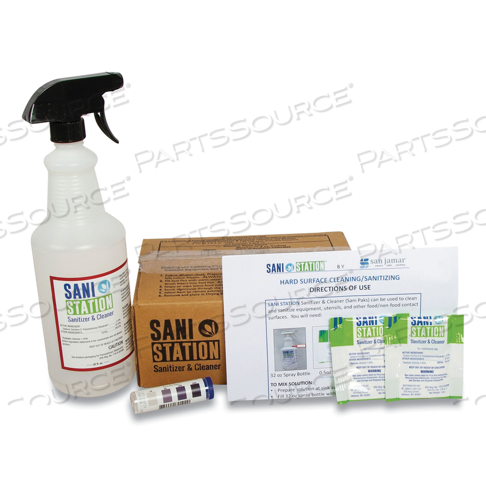 SANI STATION HARD SURFACE CLEANER KIT, 1 SPRAY BOTTLE, 1 TUBE CHLORINE TEST STRIPS, 100 0.5 OZ PACKETS 