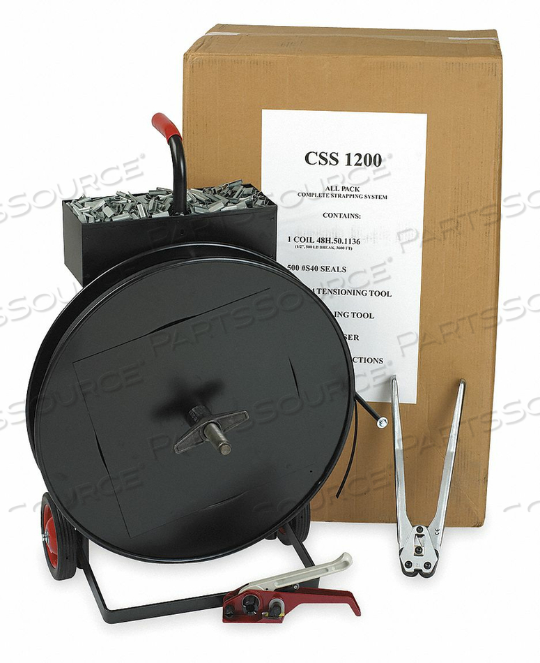 POLYPROPELENE STRAPPING KIT 1/2" X 3,600' COIL WITH TENSIONER, SEALER, SEALS & CART by PAC Strapping Products Inc.