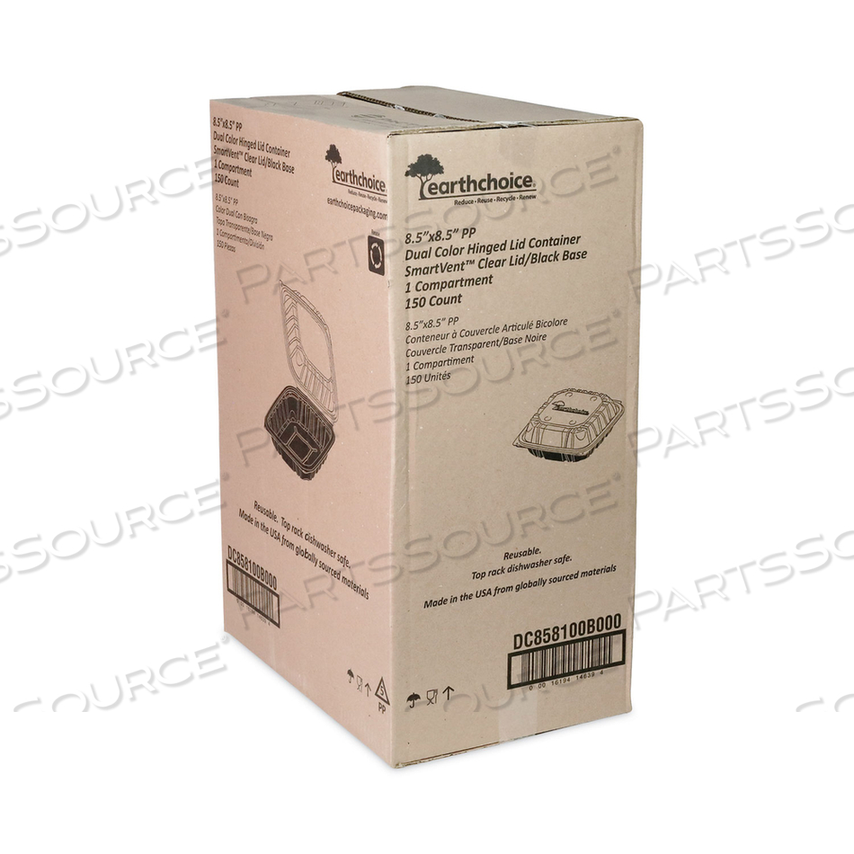 EARTHCHOICE VENTED DUAL COLOR MICROWAVABLE HINGED LID CONTAINER, 1-COMPARTMENT, 38OZ, 8.5X8.5X3, BLACK/CLEAR, PLASTIC by Pactiv