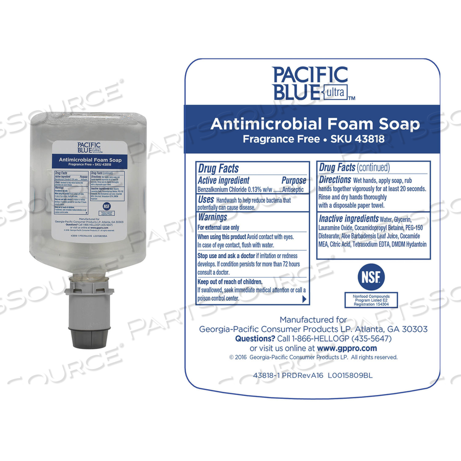 PACIFIC BLUE ULTRA FOAM SOAP MANUAL DISPENSER REFILL, ANTIMICROBIAL, UNSCENTED, 1,200 ML by Georgia-Pacific