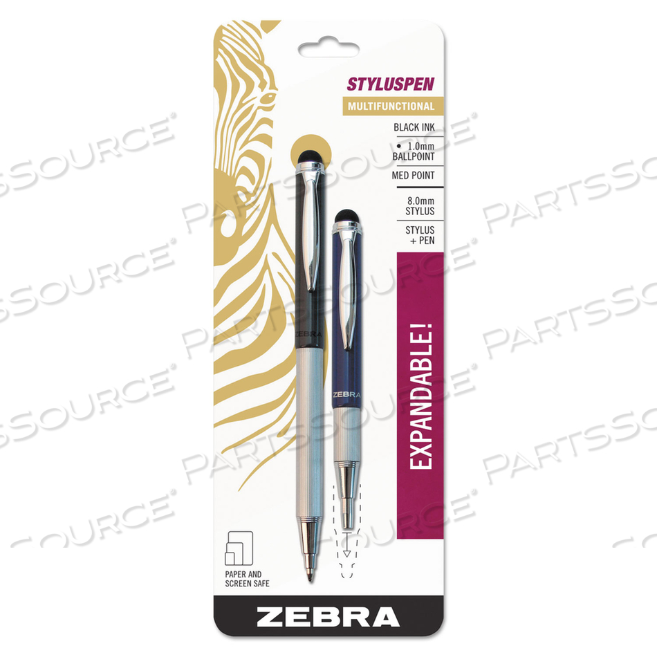 STYLUSPEN TELESCOPIC BALLPOINT PEN/STYLUS, RETRACTABLE, MEDIUM 1 MM, BLACK INK, BLUE/GRAY BARREL by Zebra Pen Corporation