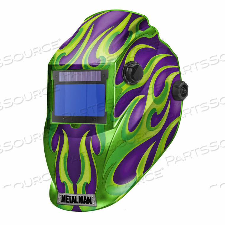 BIG WINDOW AUTO DARKENING WELDING HELMET, VARIABLE SHADE CONTROL -PURPLE/GREEN FLAME by Metal Man Work Gear BIG WINDOW AUTO DARKENING WELDING HELMET, VARIABLE SHADE CONTROL -PURPLE/GREEN FLAME by Metal Man Work Gear