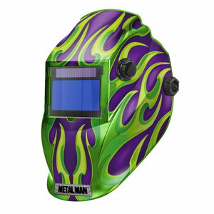 BIG WINDOW AUTO DARKENING WELDING HELMET, VARIABLE SHADE CONTROL -PURPLE/GREEN FLAME by Metal Man Work Gear