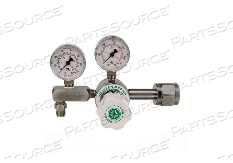 ADJUSTABLE SINGLE STAGE REGULATOR, CGA 540 NUT AND NIPPLE, 0 TO 100 PSI DELIVERY, 3000 PSI INLET, MEETS FDA, ISO 9001, 2 IN DIA by Western Enterprises