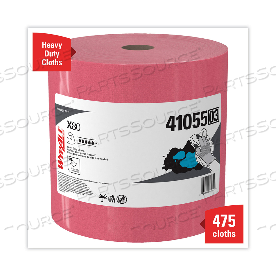 POWER CLEAN X80 HEAVY DUTY CLOTHS, JUMBO ROLL, 12.4 X 12.2, RED, 475 WIPERS/ROLL by WypAll