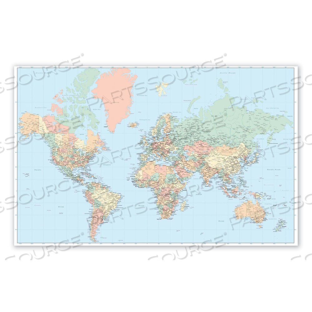 LAMINATED WALL MAPS, WORLD, DRY ERASE, 50 X 32 