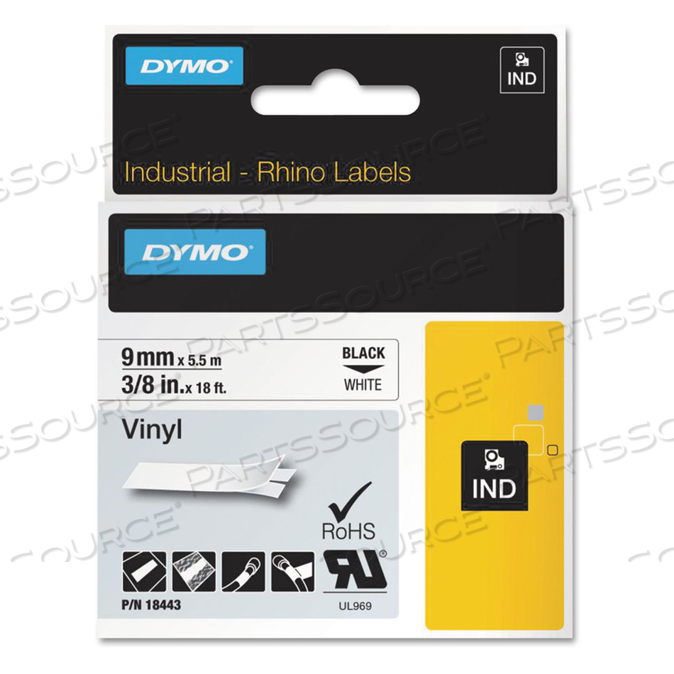 RHINO PERMANENT VINYL INDUSTRIAL LABEL TAPE, 0.37" X 18 FT, WHITE/BLACK PRINT by Dymo