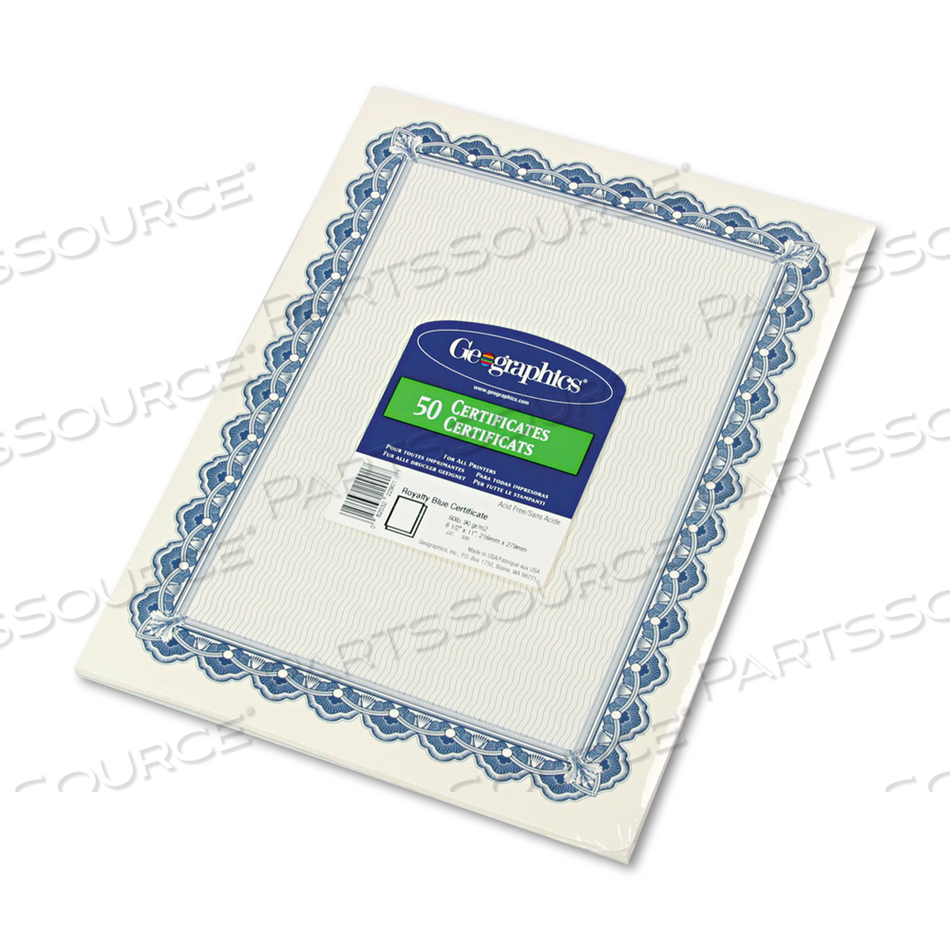 ARCHIVAL QUALITY PARCHMENT PAPER CERTIFICATES, 11 X 8.5, HORIZONTAL ORIENTATION, BLUE WITH BLUE ROYALTY BORDER, 50/PACK 