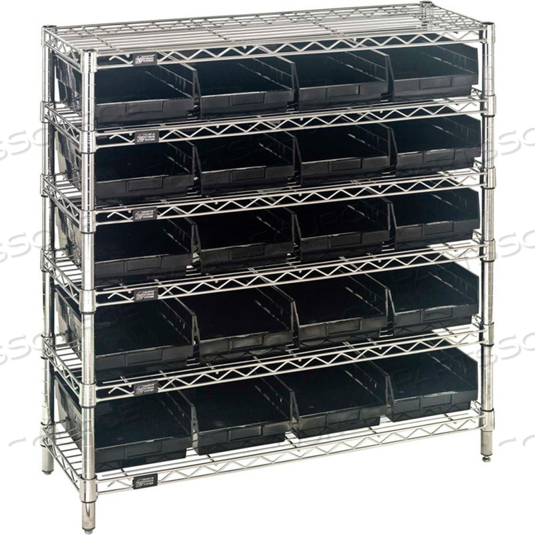 STEEL WIRE SHELVING WITH 20 CONDUCTIVE 4"H BINS BLACK - 6 SHELVES - 36"W X 12"D X 36"H by Quantum Storage Systems