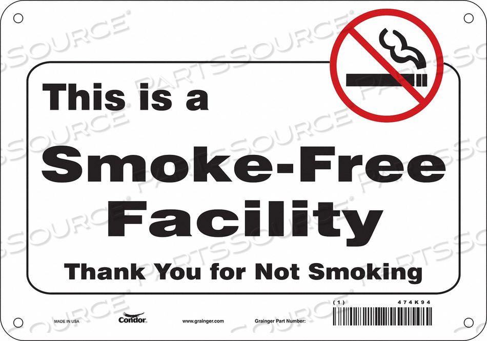 SAFETY SIGN, VERTICAL RECTANGLE, NUMBER OF PRINTED SIDES 1, ENGLISH, SIGN FORMAT OTHER FORMAT, SIGN LEGEND THIS IS A SMOKE-FREE FACILITY THA by Condor SAFETY SIGN, VERTICAL RECTANGLE, NUMBER OF PRINTED SIDES 1, ENGLISH, SIGN FORMAT OTHER FORMAT, SIGN LEGEND THIS IS A SMOKE-FREE FACILITY THA by Condor