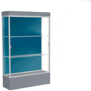 EDGE LIGHTED FLOOR CASE, BLUE STEEL BACK, SATIN FRAME, 12" CARBON MESH BASE, 48"W X 76"H X 20"D by Waddell Display