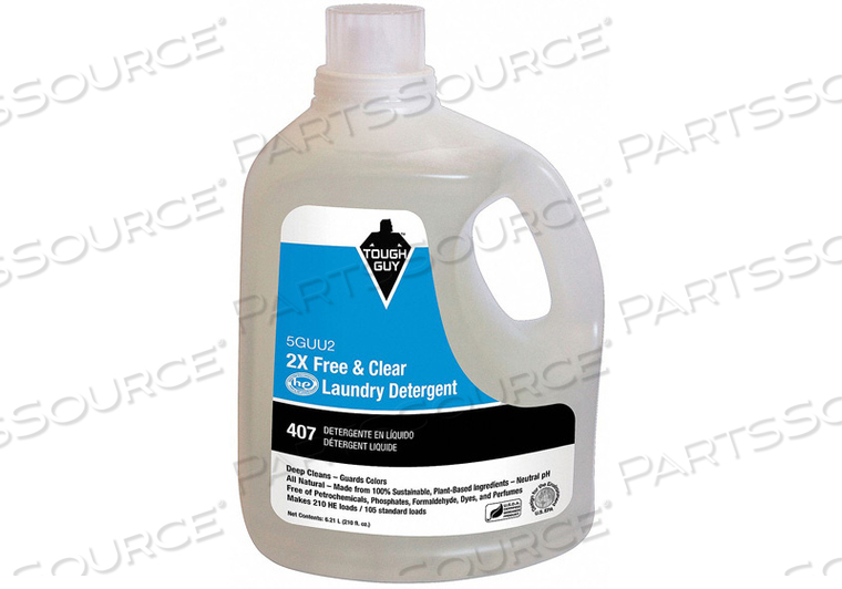 LAUNDRY DETERGENT, PRODUCT LABEL LAUNDRY DETERGENT FREE & CLEAR, CLEANER FORM LIQUID, HIGH EFFICIENCY COMPATIBILITY YES, CONTAINER TYPE JUG, by Tough Guy