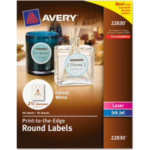 ROUND EASY PEEL LABELS, 2-1/2" DIA., GLOSSY, WHITE, 90/PACK by Avery