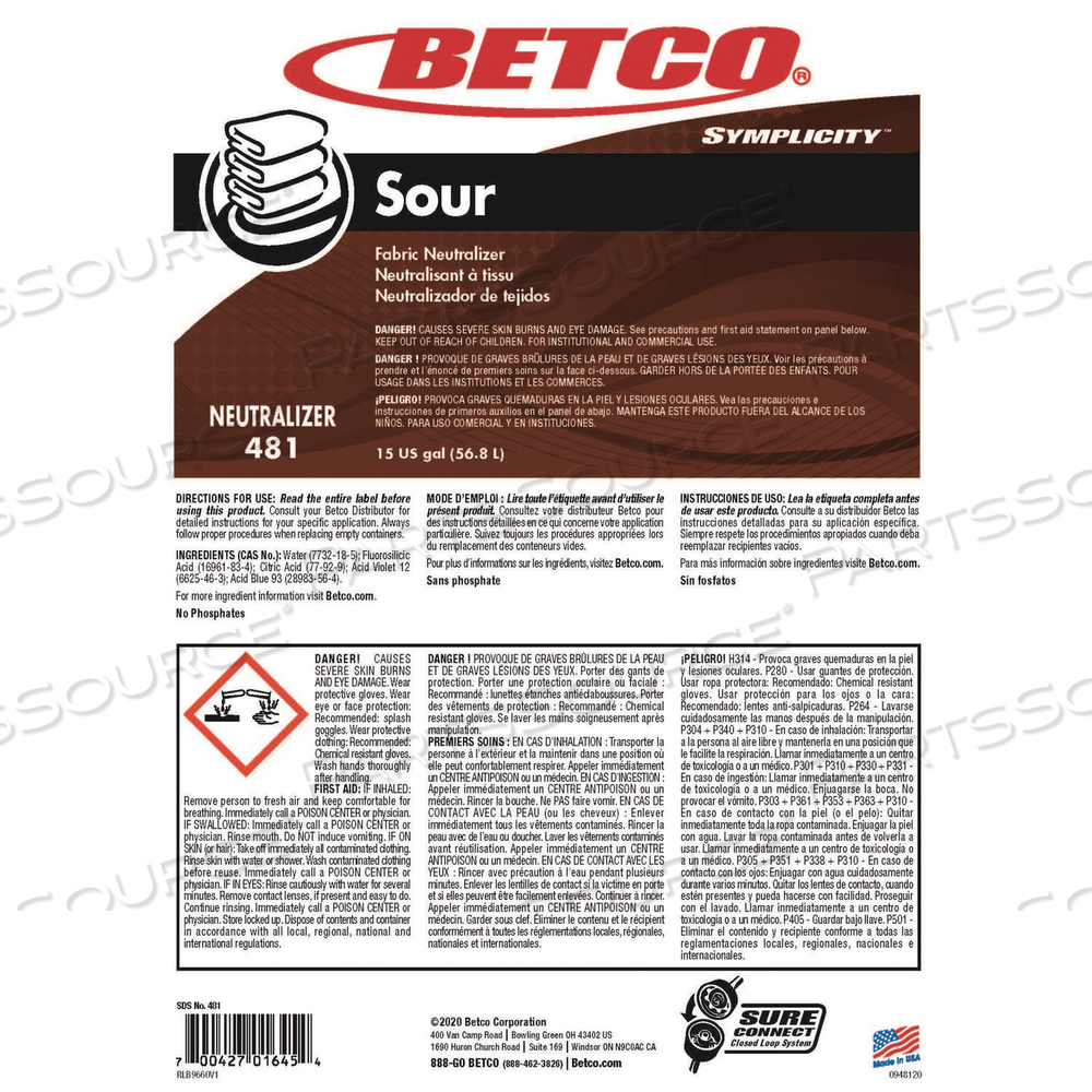 SYMPLICITY SOUR FABRIC NEUTRALIZER, 15 GAL DRUM by Betco Corporation SYMPLICITY SOUR FABRIC NEUTRALIZER, 15 GAL DRUM by Betco Corporation