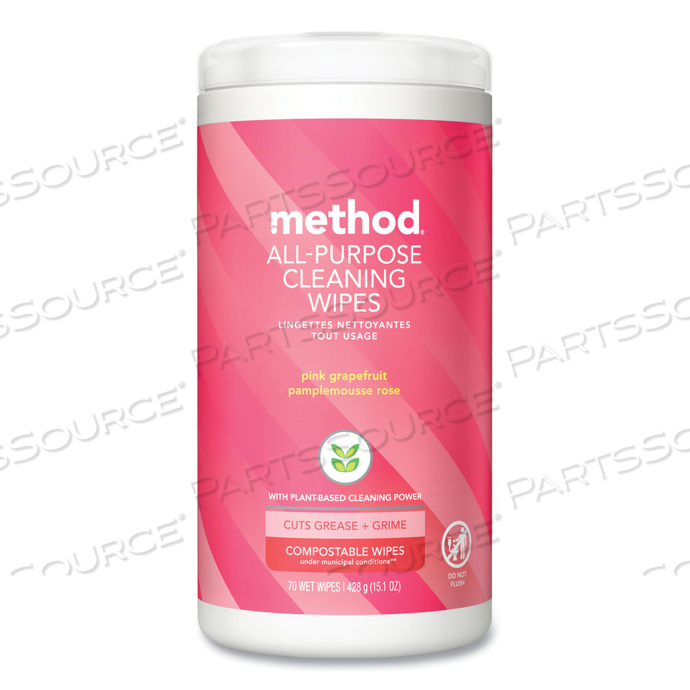 ALL PURPOSE CLEANING WIPES, 1 PLY, PINK GRAPEFRUIT, WHITE, 70/CANISTER by Method