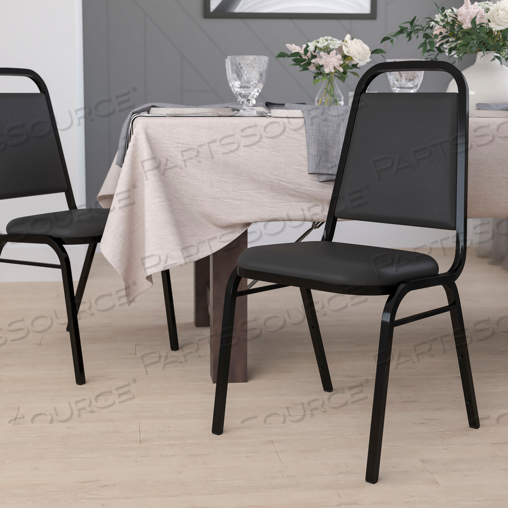 HERCULES SERIES TRAPEZOIDAL BACK STACKING BANQUET CHAIR IN BLACK VINYL - BLACK FRAME by Flash Furniture