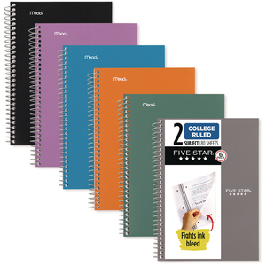 WIREBOUND NOTEBOOK, 2-SUBJECT, MEDIUM/COLLEGE RULE, ASSORTED COVER COLOR, (80) 9.5 X 6.52 SHEETS, 6/PACK by Five Star