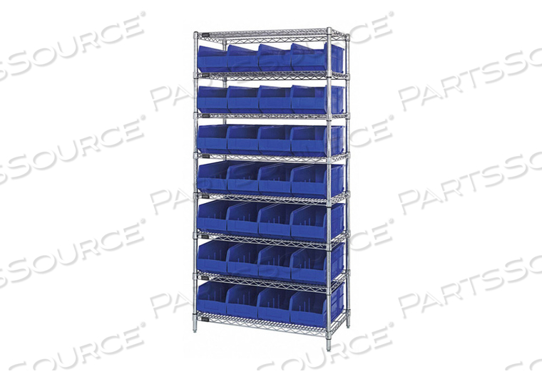 WR8-443 CHROME WIRE SHELVING WITH 28 SSB443 STACKABLE SHELF BINS BLUE, 36X14X74 by Quantum Storage Systems WR8-443 CHROME WIRE SHELVING WITH 28 SSB443 STACKABLE SHELF BINS BLUE, 36X14X74 by Quantum Storage Systems