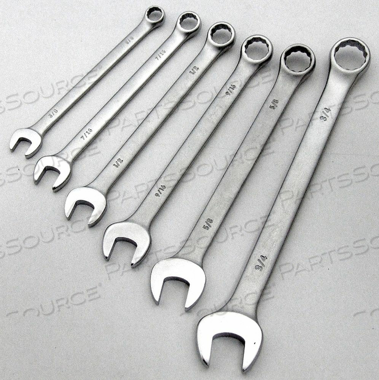 COMBINATION WRENCH SET, ALLOY STEEL, SATIN, NUMBER OF TOOLS 6, RANGE OF HEAD SIZES 3/8 IN TO 3/4 IN, HEAD OFFSET ANGLE 15 DEGREES , OFFSET, by Westward COMBINATION WRENCH SET, ALLOY STEEL, SATIN, NUMBER OF TOOLS 6, RANGE OF HEAD SIZES 3/8 IN TO 3/4 IN, HEAD OFFSET ANGLE 15 DEGREES , OFFSET, by Westward