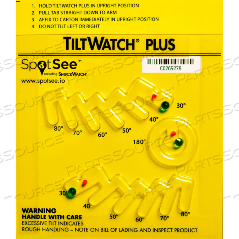 SPOTSEE TILTWATCH PLUS TILT INDICATOR FOR DEGREE OF TILT OR COMPLETE OVERTURN, 50/BOX 