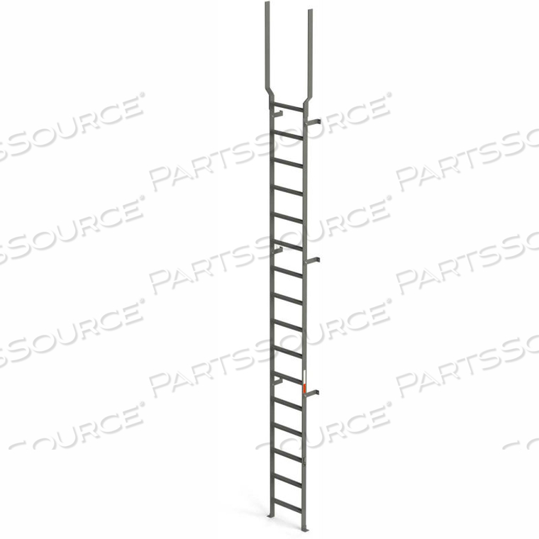 STEEL VERTICAL WALL MOUNT LADDER W/ RAIL EXTENSIONS, 16 STEP GRAY 