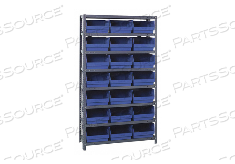 1275-SB809 STEEL SHELVING WITH 21 8"H PLASTIC SHELF BINS BLUE, 36X12X75-SB8 SHELVES by Quantum Storage Systems 1275-SB809 STEEL SHELVING WITH 21 8"H PLASTIC SHELF BINS BLUE, 36X12X75-SB8 SHELVES by Quantum Storage Systems