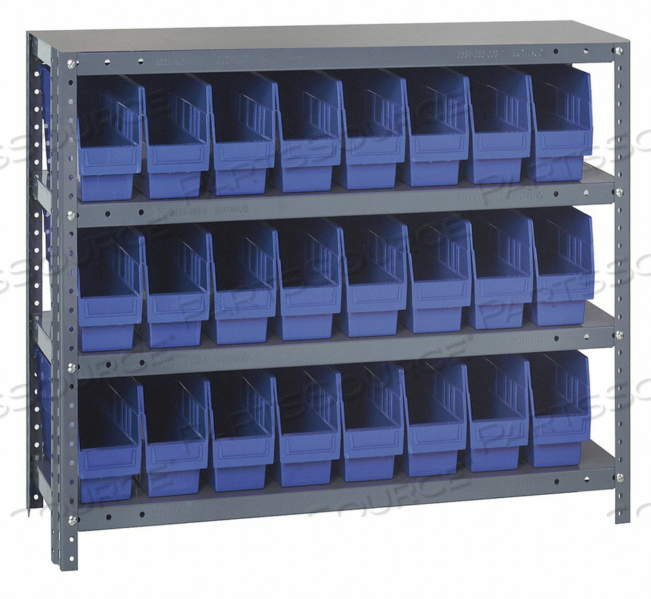 1239-SB801 STEEL SHELVING WITH 24 8"H PLASTIC SHELF BINS BLUE, 36X12X39-SB4 SHELVES by Quantum Storage Systems 1239-SB801 STEEL SHELVING WITH 24 8"H PLASTIC SHELF BINS BLUE, 36X12X39-SB4 SHELVES by Quantum Storage Systems