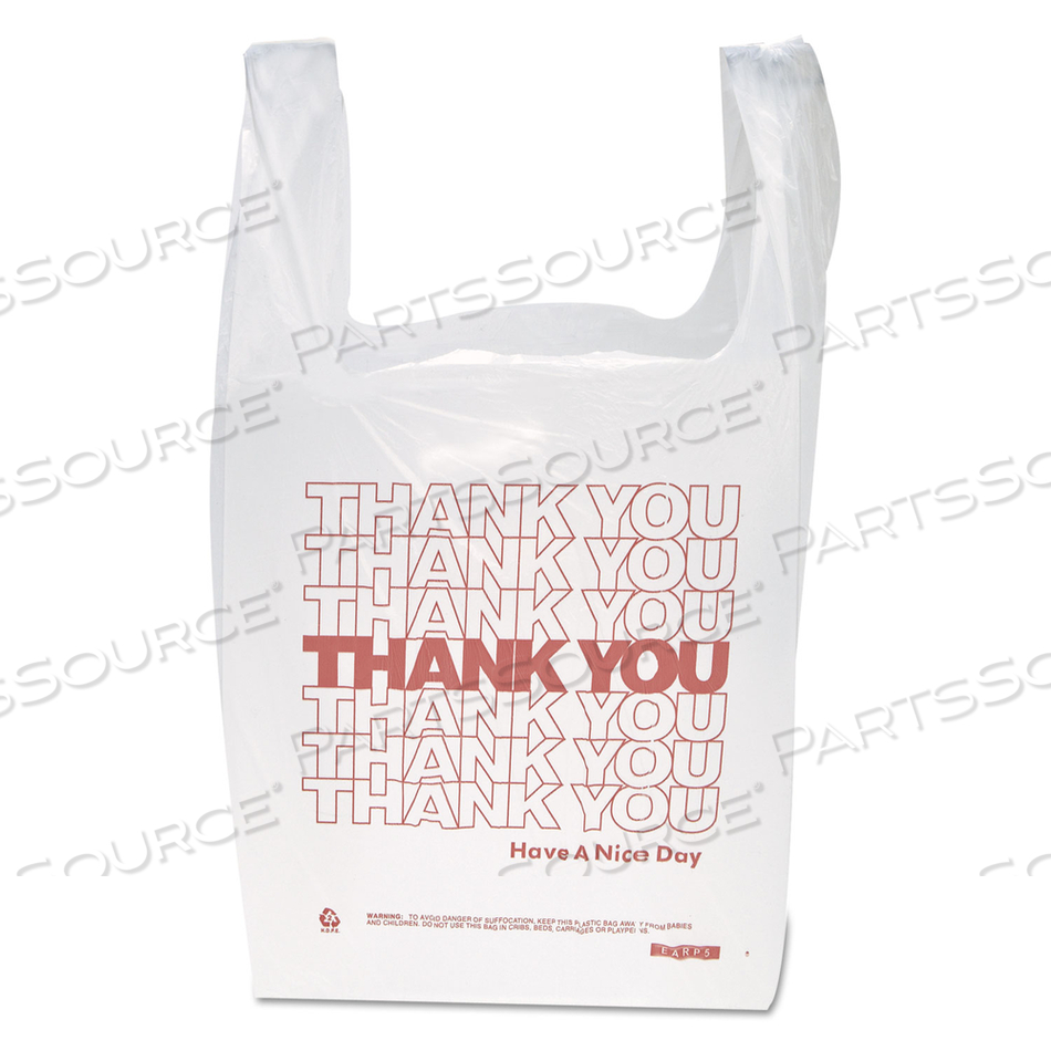 "THANK YOU" HANDLED T-SHIRT BAG, 0.167 BBL, 12.5 MICRONS, 11.5" X 21", WHITE by Inteplast Group "THANK YOU" HANDLED T-SHIRT BAG, 0.167 BBL, 12.5 MICRONS, 11.5" X 21", WHITE by Inteplast Group